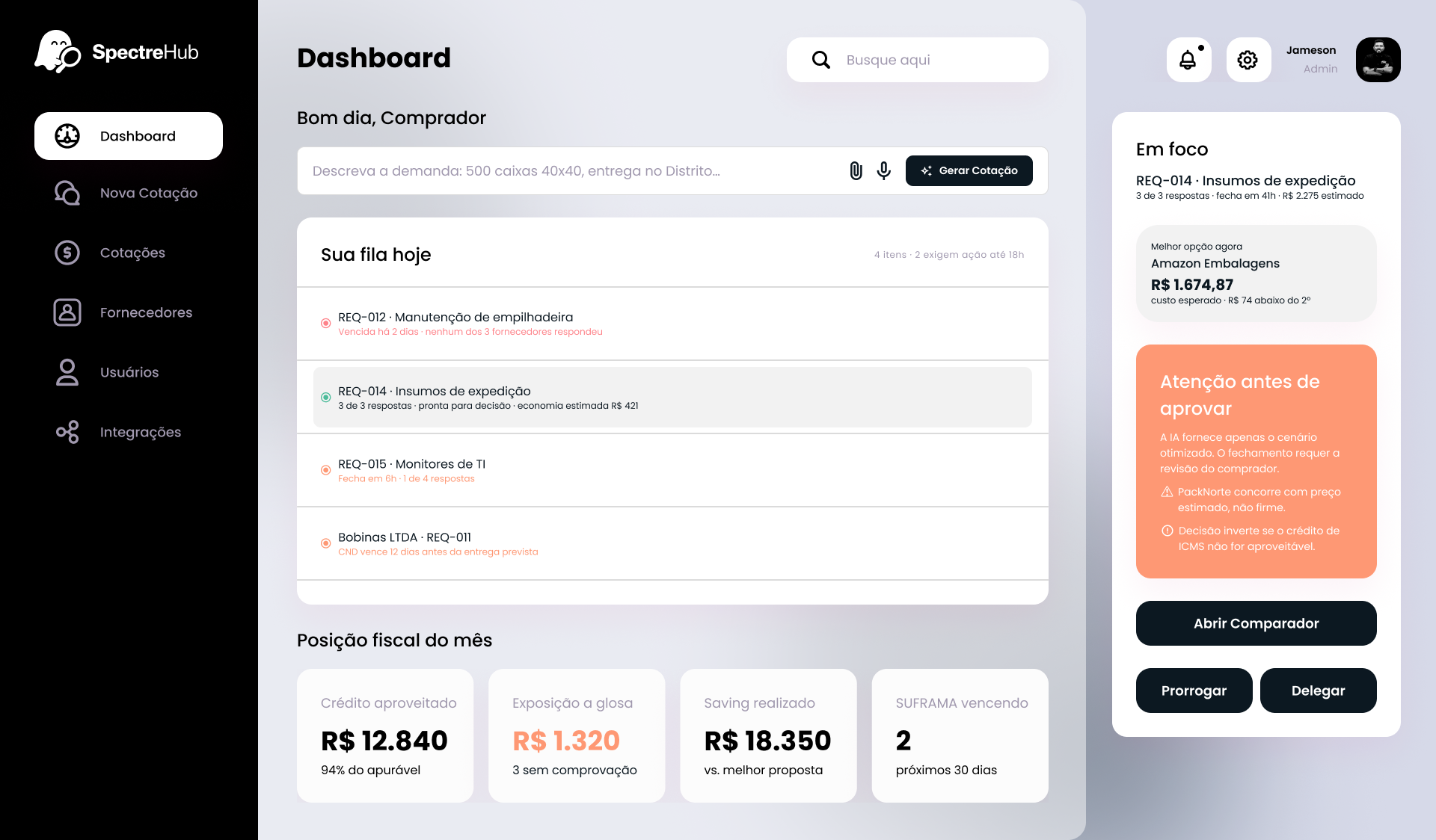 Painel do Spectre Hub: visão geral de cotações, saving e auditoria da operação
