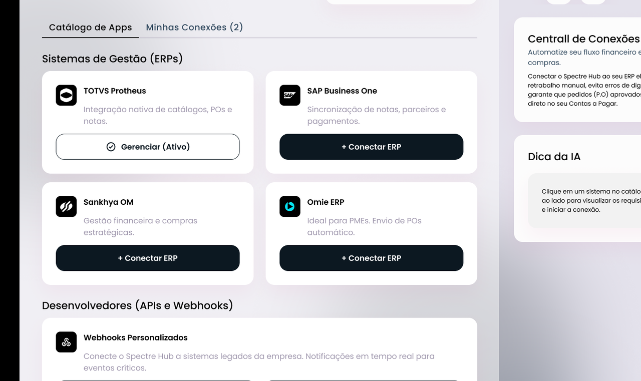 Catálogo de integrações com sistemas de gestão: TOTVS Protheus, SAP Business One, Sankhya e Omie