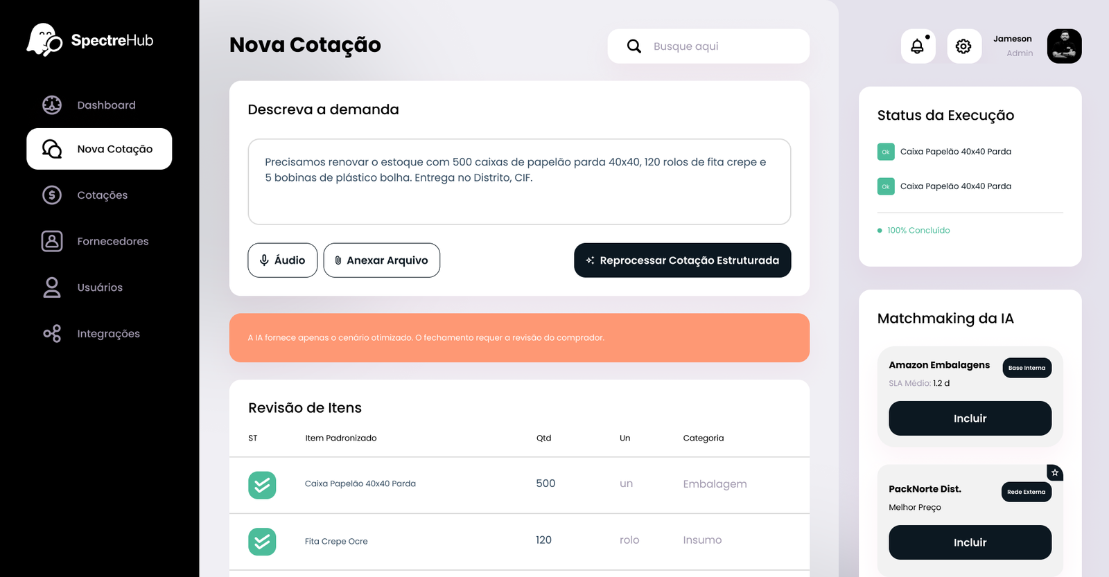 Nova cotação estruturada por IA a partir de texto livre, com sugestões de fornecedores homologados